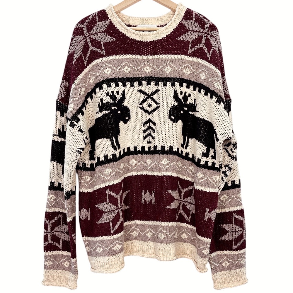 Idea Series Fair Isle Moose‎ Sweater Women's Medium Burgundy Cream Nordic Knit